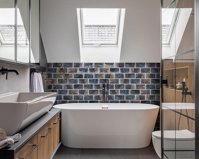 Glass Subway Tile 3x6 Inch Antique Blue Tiles for Kitchen Backsplash Bathroom Accent Wall Glass Mosaic Tile (Pack of 20)