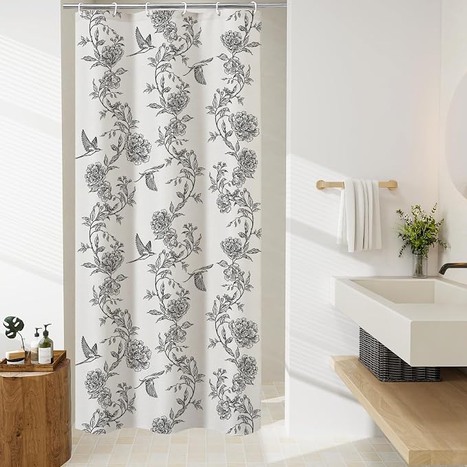 MitoVilla Small Stall Black Cotton Shower Curtain for Bathroom,36 x 72 | Narrow Half Cottagecore Hummingbird Spring Shower Curtains, Modern Farmhouse Country Floral Bathroom Décor, 36 x 72