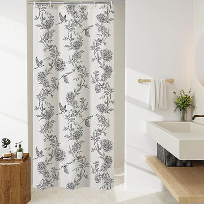 MitoVilla Small Stall Black Cotton Shower Curtain for Bathroom,36 x 72 | Narrow Half Cottagecore Hummingbird Spring Shower Curtains, Modern Farmhouse Country Floral Bathroom Décor, 36 x 72