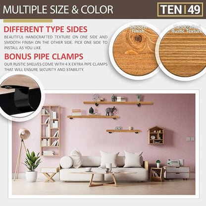 TEN49 Real Wood Rustic Floating Shelves Wall - 36 Wide Small Wooden Industrial Pipe Shelving - Farmhouse Pipe Wall Shelves Furniture Bathroom Decor Art Shelf Kitchen - Light Walnut Color - Set of 2