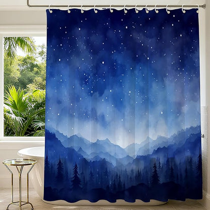 120GSM Starry Sky Waterproof Shower Curtain Set with 12PCS Hooks, Bathroom Shower Curtain Sets,Minimalist Watercolor Bathroom Décor,Washable Fabric Shower Curtain Blue, 72 x 72 Inch (8-Starry Sky)