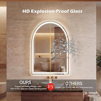 Sweetcrispy 20“×28” LED Bathroom Backlit Mirror with Lights, Arched Vanity Mirror with Anti-Fog, Dimmable, 3-Color Light, Memory Function, Tempered Glass