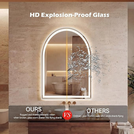 Sweetcrispy 20“×28” LED Bathroom Backlit Mirror with Lights, Arched Vanity Mirror with Anti-Fog, Dimmable, 3-Color Light, Memory Function, Tempered Glass
