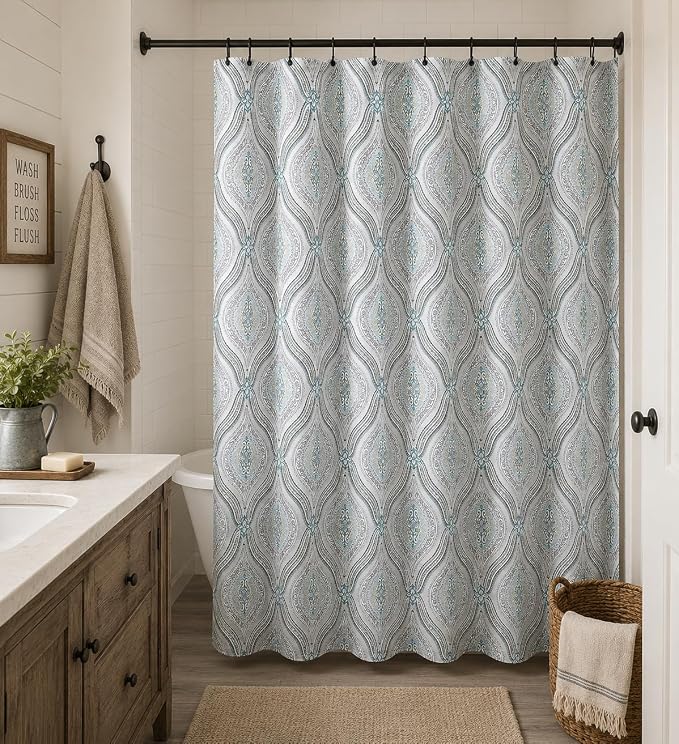 Beige Floral Damask Paisley Fabric Bathroom Shower Curtain, 70" x 72" | Elegant Modern Fabric with Hues of Beige Green Taupe, Luxury Hotel Rustic Boho Farmhouse Décor
