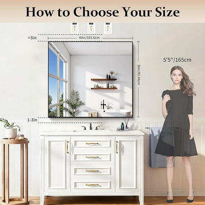 Black Bathroom Mirror for Wall, 36x40 Inch Rectangle Mirrors with Metal Frame, Modern Rectangular Wall Mirror for Bathroom Living Room, Entryway Hangs Horizontal or Vertical