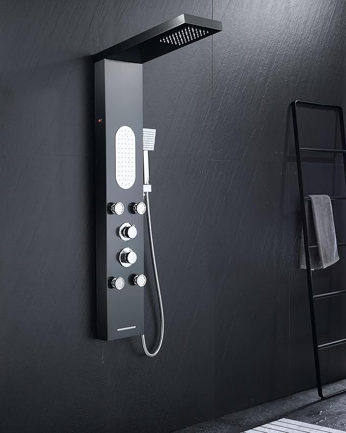 MENATT LED Shower Panel Tower System Stainless Steel,5 in 1 Shower Panels with 4 pcs Body Massage Jets,Body Waterfall Spray,Handheld Shower and Tub Spout,Black