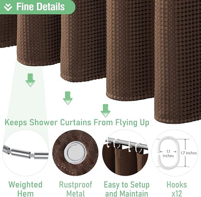 Extra Long Waffle Shower Curtain 256 GSM Fabric 72x90 Brown | 90 Inch Tall, Thick Cloth, Weighted Hem, Water Repellent, Hotel Luxury Polyester Shower Curtain Set for Bathroom 12 Hooks