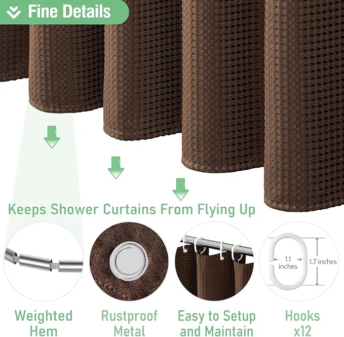 Extra Long Waffle Shower Curtain 256 GSM Fabric 72"x84" Brown | 84 Inch Long, Thick Cloth, Weighted Hem, Water Repellent, Tall Hotel Luxury Polyester Shower Curtains for Bathroom 12 Hooks
