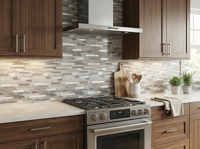 5 - Sheets Peel and Stick Wood Metal Tile Backsplash, Stick on Tiles for Backsplash Kitchen, Bathroom, Laundry Room, Camper, Fireplace (12'' X 12'', Light Wood)
