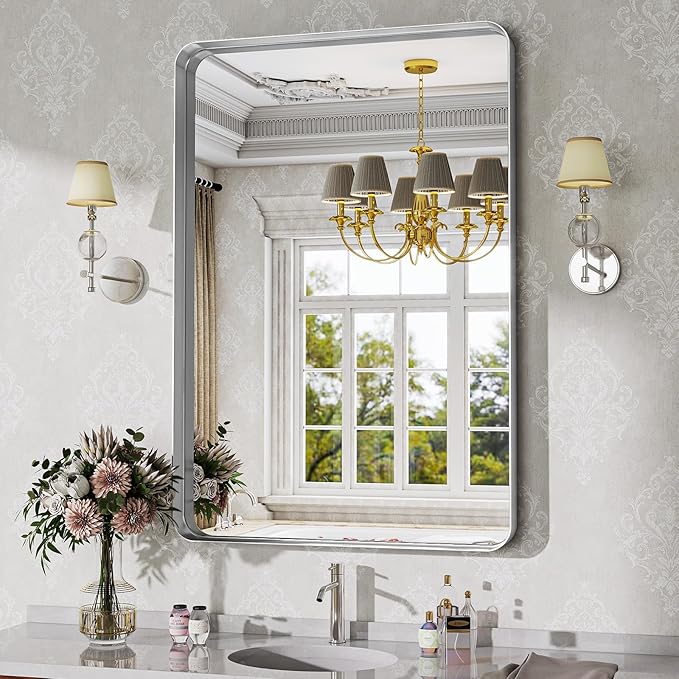 Bathroom Mirrors for Over Sink 24 x 32 Inch Rectangle Bathroom Vanity Mirror with Rounded Corner Bathroom Mirror for Wall for Living Room Bedroom Entryway Silver