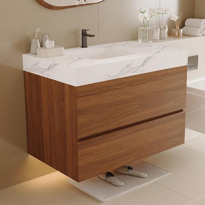 KEIKI 29.9" Bathroom Vanity with Undermount Sink Combo, Modern Floating Vanity Cabinet with 2 Drawers, Storage Wall Mounted Cabinet for Small Space, Walnut