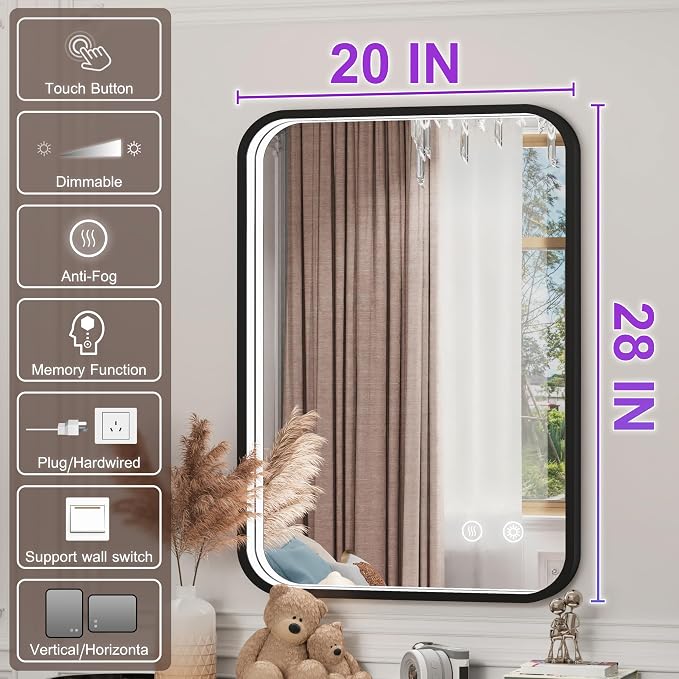 20x28 Inch Black LED Bathroom Mirror with 3 Color Lights | 3000K/4500K/6000K,Stepless Dimmable,Anti-Fog,Memory Function,Aluminum Frame,ETL Listed,Wall Mounted Lighted Vanity Mirror