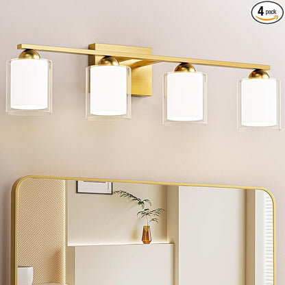 Quntis Gold Bathroom Light Fixtures, 4 Light Modern Vanity Lights Over Mirror, 5 Colors & Stepless Dimmable LED Bathroom Lighting with Milk White Frosted Glass, 27 Inch (Bulbs Included)