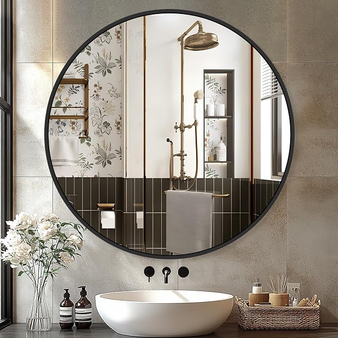 30 Inch Black Round Circle Mirror for Bathroom Wall, Metal Frame | HD tempered glass for clear, distortion-free reflection. Mounting hardware included for vertical or horizontal wall mount.