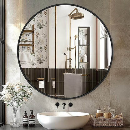 30 Inch Black Round Circle Mirror for Bathroom Wall, Metal Frame | HD tempered glass for clear, distortion-free reflection. Mounting hardware included for vertical or horizontal wall mount.