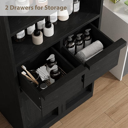 GAOMON 51" Tall Bathroom Storage Cabinet, Floor Cabinet with Doors & 2 Drawers, Organizer Cabinet Freestanding for Bathroom, Living Room, Kitchen & Pantry, Black
