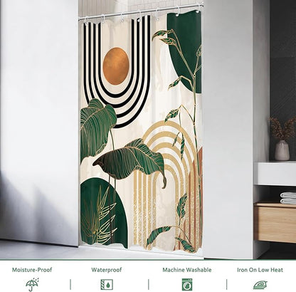 Glawry Small Stall Green 36Wx72L Inches Boho Mid Century Shower Curtain Abstract Retro Tropical Palm Tree Plant Sun Arch Minimalist Bathroom Modern Bath Accessories Art Home Decor Fabric 7 Pack Hooks