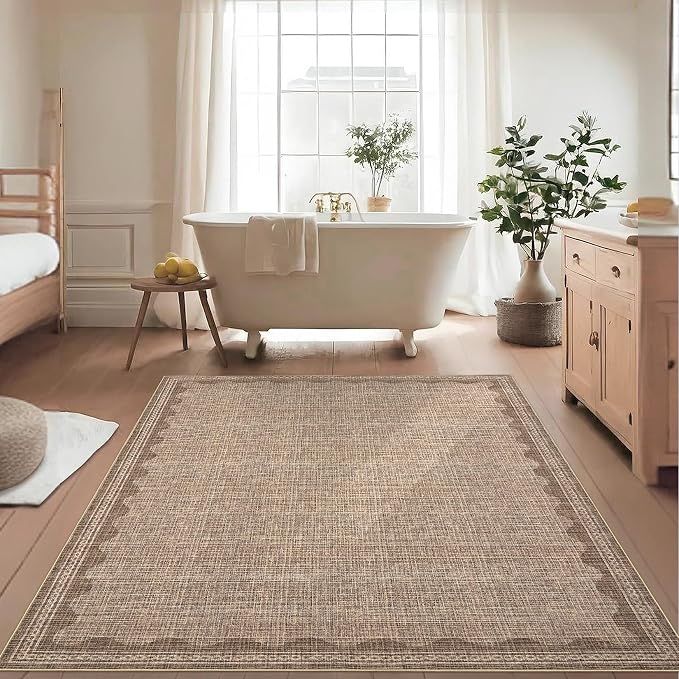Garvee Entryway Rug 3x5 Washable Bordered Modern Rug Low Pile Coffee | Stain-Resistant Foldable Ultra Soft Non Slip Lightweight Rugs Indoor Non-Shedding Mat for Kitchen Bedroom Nursery Entrance