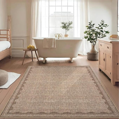 Garvee Entryway Rug 3x5 Washable Bordered Modern Rug Low Pile Coffee | Stain-Resistant Foldable Ultra Soft Non Slip Lightweight Rugs Indoor Non-Shedding Mat for Kitchen Bedroom Nursery Entrance