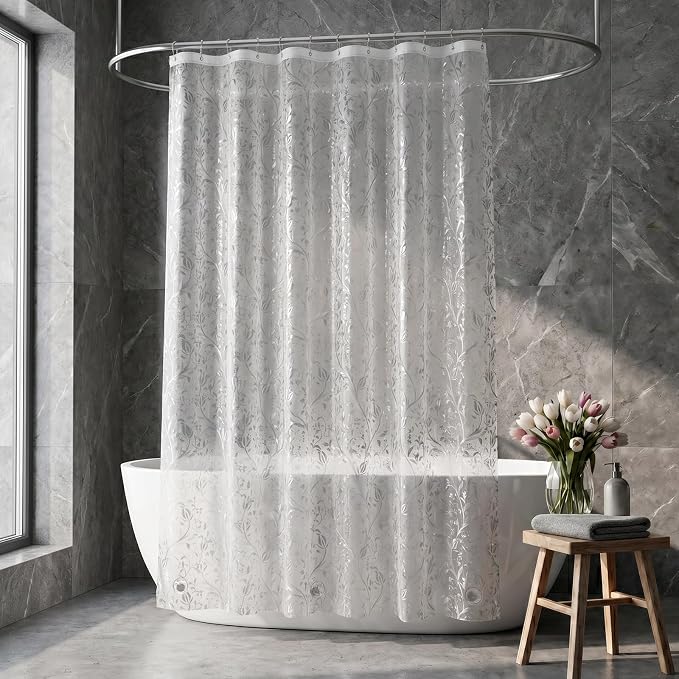 EurCross Frosted Clear Shower Curtain with Floral and Foliage Texture, Flexibility PVC-Free PEVA Botanical Design Shower Curtain Liner with 3 Heavy Duty Magnetic Magnets 72X72inch