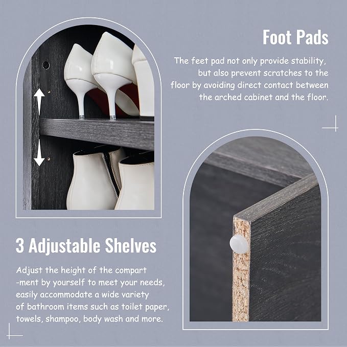 IFBUY 67" Tall Arched Bathroom Storage Cabinet, 8-Tier Modern Farmhouse Storage Cabinet with Adjustable Shelves, Wood Freestanding Cabinet for Bathroom, Living Room, Entryway, Hallway (Dark Grey)