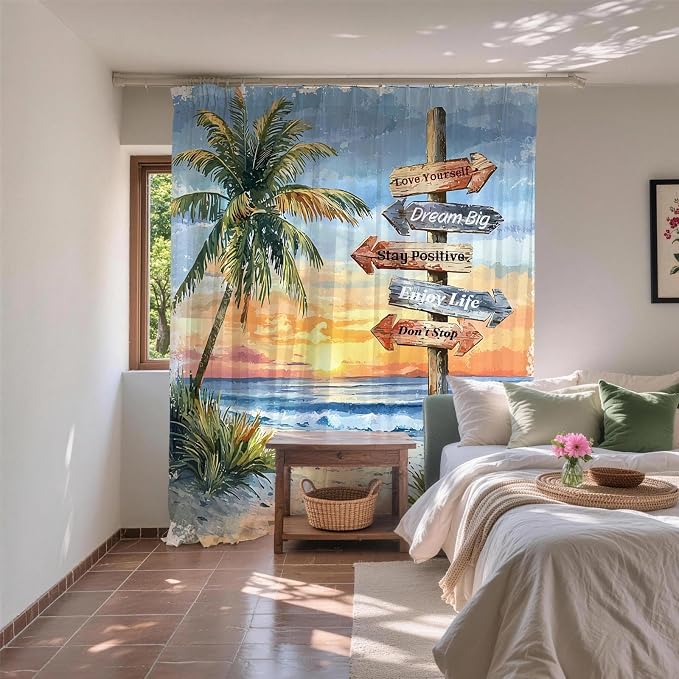 Beach Tropical Coastal Shower Curtain Luxury Aesthetic Palm Tree Summer Sun | Inspirational Shower Curtains for Bathroom, Waterproof Bath Curtain with Hooks Machine Washable Bathtub Curtains 36x72 Inch