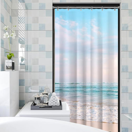Small Stall RV Half Size Ocean Beach Coastal Seaside Shower Curtain for Bathroom 36W*72H Inch Nautical Summer Beachy Bathtub Decor Waterproof Polyester Fabric Set with 12 Hooks(6 Holes)
