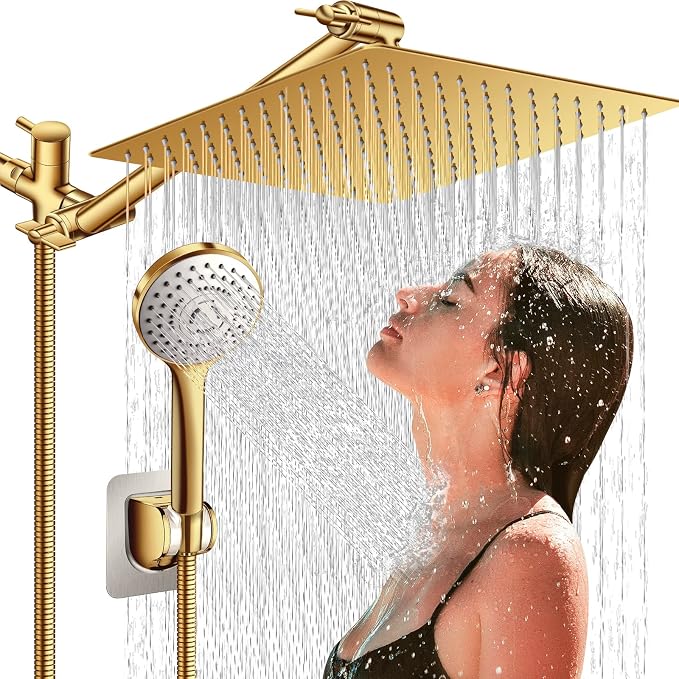 12'' Gold Shower Head with 11'' Extension Arm and 5 Setting Handheld shower | High Pressure Rainfall Shower Head Combo with Handheld, High Pressure Rain Showerhead with 60 Inch Shower Hose. Anti-Leak