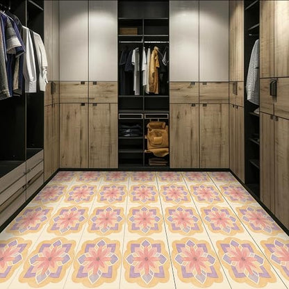 Pastel Mandala Flower Peel and Stick Floor Tiles 12x12 Inch 10PCS | Spring watercolor pastel mandala flower pattern vinyl floor stickers for kitchen bathroom entryway and indoor home decor