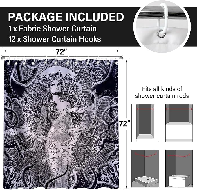Gray White Gothic Snake Goddess Vintage Art Shower Curtain Set 72x72 Inches | Vintage Gothic Snake Goddess Myth Print, Dark Indie Home Guest Housewarming Dark Art Lover Bath Decor, With Fabric Hooks