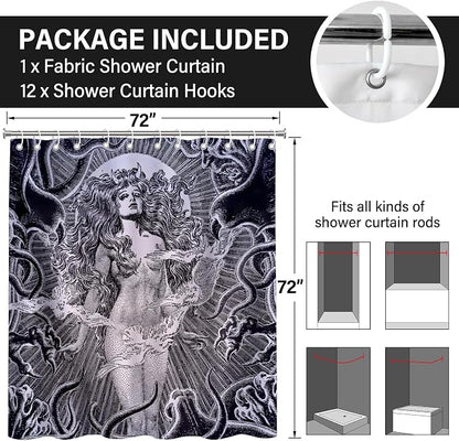 Gray White Gothic Snake Goddess Vintage Art Shower Curtain Set 72x72 Inches | Vintage Gothic Snake Goddess Myth Print, Dark Indie Home Guest Housewarming Dark Art Lover Bath Decor, With Fabric Hooks