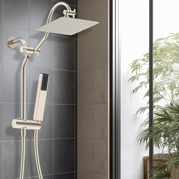 Hibbent 10'' Rainfall Showerhead with 4-mode Handheld Spray, Brushed Nickel | cUPC Certified High Pressure Showerhead Combo, 12'' Adjustable Extension Arm, Extension Bar, Easy Reach Holder, 71'' Hose