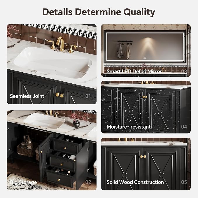 Double Sink Bathroom Vanity, Luxurious Bathroom Vanity with LED Smart Defog Mirror, Solid Freestanding Wood Vanity Sink Cabinet