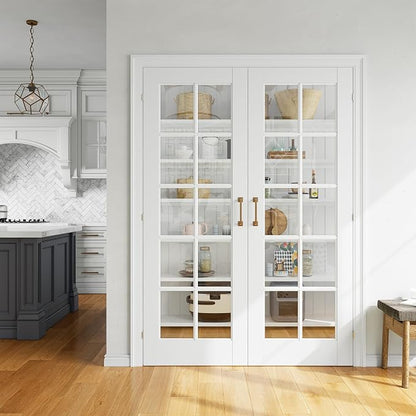 SMARTSTANDARD 56" x 80" Clear Glass French Interior Solid Core Door Slab | 10-Lite Glass Pantry Door for Bathroom Laundry Pocket, Pre-Assembled Panel without Hardware, White Primed
