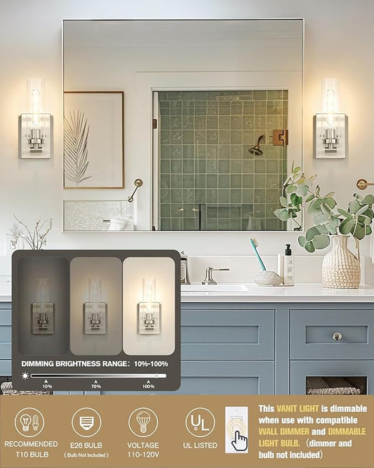 Emak Modern Wall Lights, Brushed Nickel Sconces with Clear Glass Shade, 2 Light Bathroom Vanity Light for Bathroom, Mirror, Living Room, Bedroom, Gallery, WS086-BN-CG-2PK