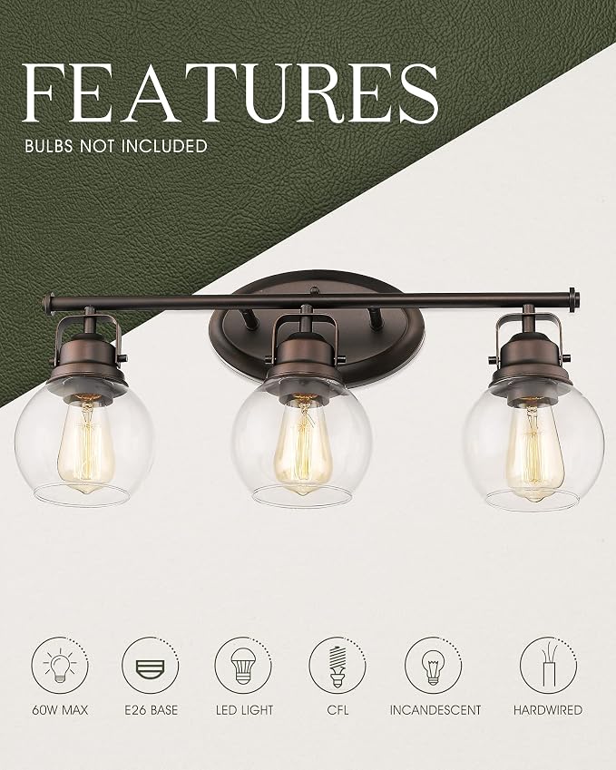 3-Light Farmhouse Bathroom Vanity Light Over Mirror | Oil Rubbed Bronze Vanity Lighting Fixture with Globe Clear Glass, Metal Frame, Wall Mounted, AD-2148-3W