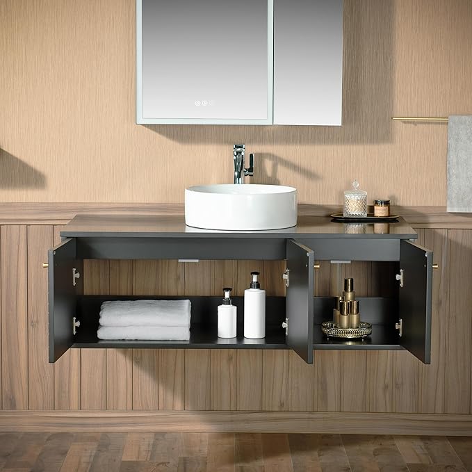 Woodbridge 48" Wall Mounted Floating Bathroom Vanity – Round Ceramic Vessel Sinks & Black Engineered Stone Top, Matte Black Lacquer Finish and Gold Accents, Space-Saving Wall-Mount Style