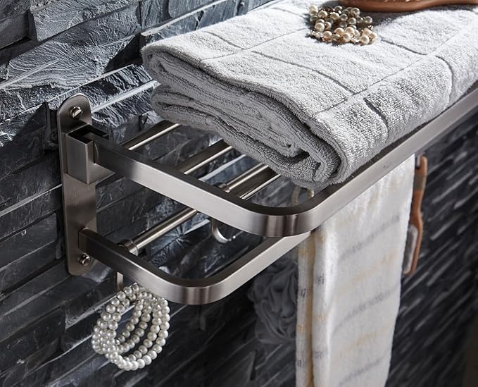 ELLO&ALLO Stainless Steel Towel Racks for Bathroom Shelf Double Towel Bar Holder with Hooks Wall Mounted Multifunctional Foldable Brushed Nickel