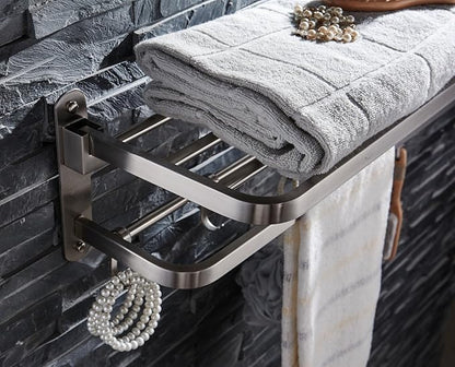 ELLO&ALLO Stainless Steel Towel Racks for Bathroom Shelf Double Towel Bar Holder with Hooks Wall Mounted Multifunctional Foldable Brushed Nickel