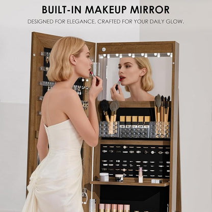 Zamildon's 360° Swivel Jewelry Mirror Cabinet, Lockable Standing Jewelry Armoire with Full Length Mirror, Storage Shelves, Built-in Makeup Mirror (Rustic Brown)