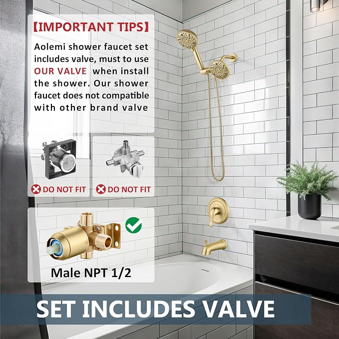 Aolemi Tub Shower Faucet Set Dual 8 Mode Head Valve Kit Brushed Gold | Valve and Trim Kit, ABS Shower Head and Handheld System, Bathroom Bath Tub Spout 6.3",SUS304,Single Handle