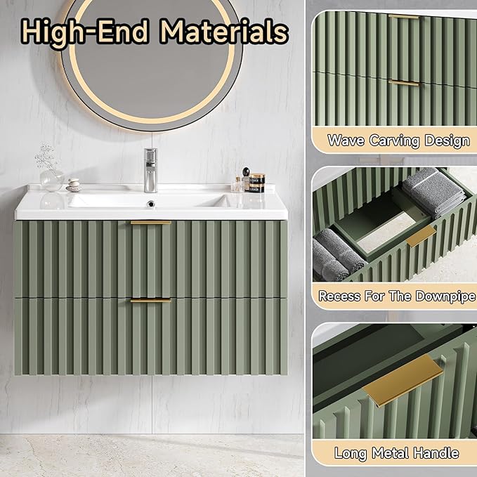 ONBRILL 30 Inch Bathroom Vanity with Sink Combo, Floating Bathroom Vanity with 2 Fluted Drawers & Metal Handle, Modern Wall Mount Storage Cabinet with Ceramic Integrated Sink for Small Space (Green)