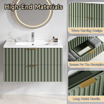 ONBRILL 30 Inch Bathroom Vanity with Sink Combo, Floating Bathroom Vanity with 2 Fluted Drawers & Metal Handle, Modern Wall Mount Storage Cabinet with Ceramic Integrated Sink for Small Space (Green)