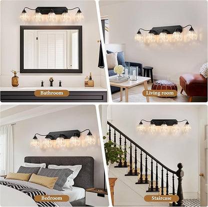 Vintage Bathroom Light Fixtures, 5 Light Bathroom Vanity Light, Black Matte Antique Brass Finish with Crystal Glass Shade, Mid Century Wall Sconces for Bedroom, Living Room, Hallway