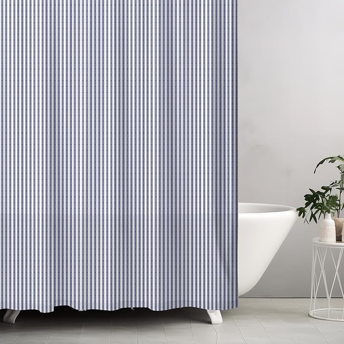 Stripe Cotton Toile Shower Curtain Ticking Stripes Woven Print Curtain Bathroom Decor for Traditional and Contemporary Style Kitchen Bath Home(Navy Blue and White,72 x 84 Inches,Stripe)