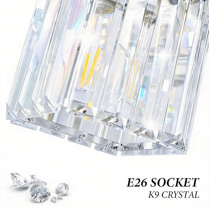 Brushed Chrome Crystal Bathroom Vanity Light, 3-Light Modern Bathroom Lighting Fixtures Over Mirror,Chrome Wall Sconce Light Fixtures with Square Shade