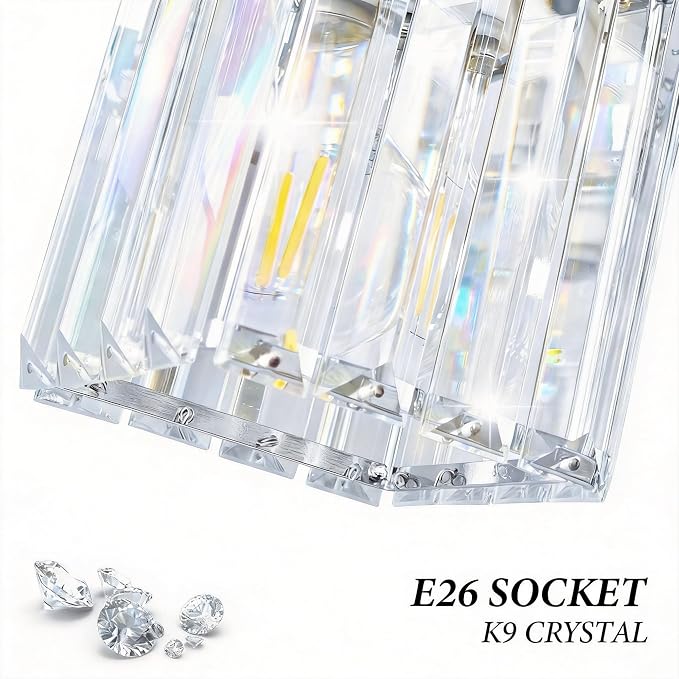 Brushed Chrome Crystal Bathroom Vanity Light, 4-Light Modern Bathroom Lighting Fixtures Over Mirror,Chrome Wall Sconce Light Fixtures with Square Shade