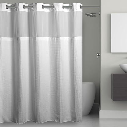 It's A Snap! Waffle Shower Curtain, 3-in-1 with Fabric Curtain, Sheer Top Window, Flex-On Rings & Liner, 54' x 80', White