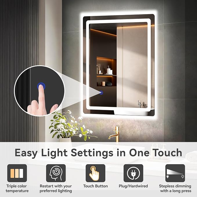 20“ x 28” LED Smart Mirror for Bathroom, Rectangle Mirror with Three Color Light Temperature Brightness Settings,Backlit + Front Lit,Wall-Mounted Vanity Mirror with Memory Function