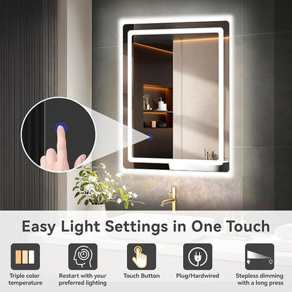 20“ x 28” LED Smart Mirror for Bathroom, Rectangle Mirror with Three Color Light Temperature Brightness Settings,Backlit + Front Lit,Wall-Mounted Vanity Mirror with Memory Function